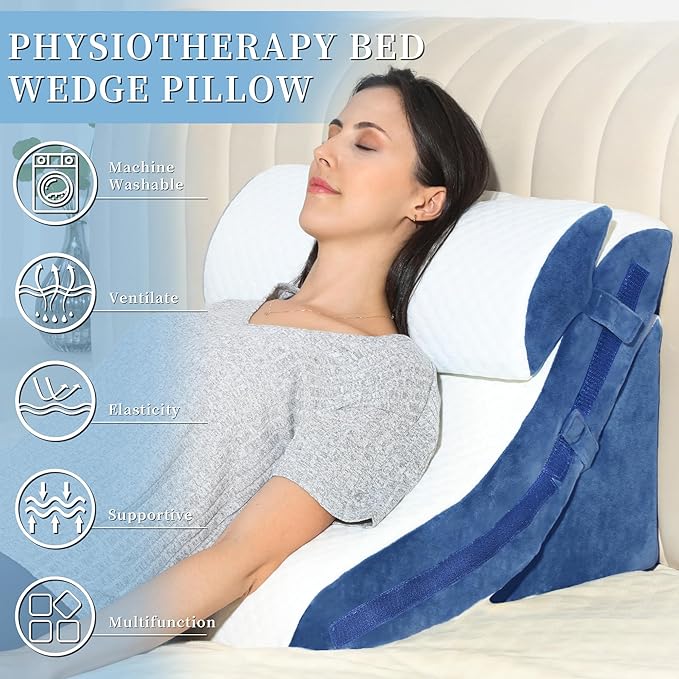 Bed Wedge Pillow for Sleeping 3PCS, 20-in-1 Adjustable Memory Foam Wedge Pillow for Acid Reflux, 3-in-1 Incline Pillow Wedge for After Surgery, Snoring, Back Pain(Navy) - LeafyLoom