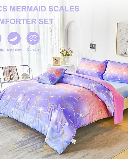 PERFEMET Mermaid Scales Queen Comforter Set 6 Pieces Purple Orange Comforter for Queen Size Bed Teen Girls Glitter Bedding Set Rainbow Tie Dye Bed in A Bag - LeafyLoom