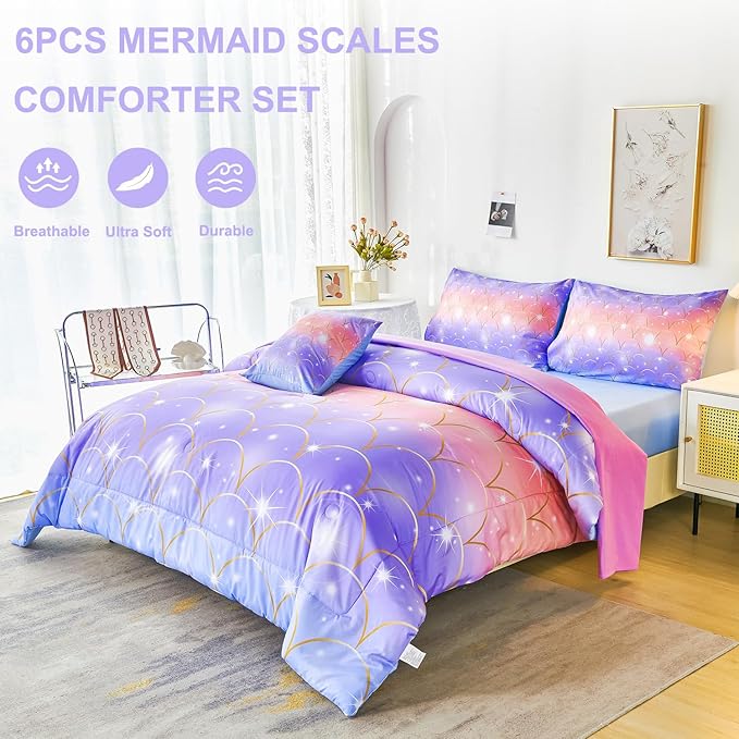 PERFEMET Mermaid Scales Queen Comforter Set 6 Pieces Purple Orange Comforter for Queen Size Bed Teen Girls Glitter Bedding Set Rainbow Tie Dye Bed in A Bag - LeafyLoom