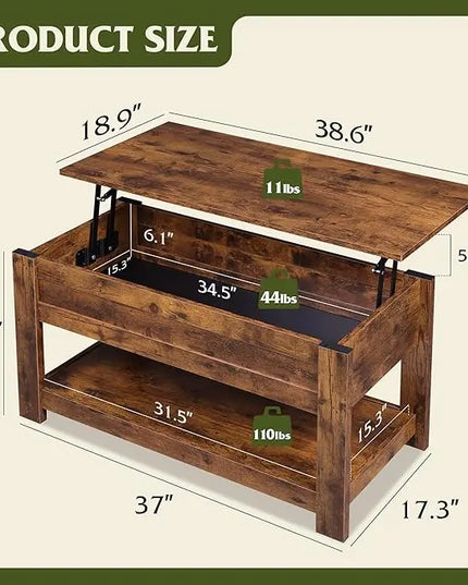 WLIVE Coffee Table, 39" Lift Top Coffee Table with Hidden Compartment and Storage Shelf for Living Room, Rustic Brown - LeafyLoom