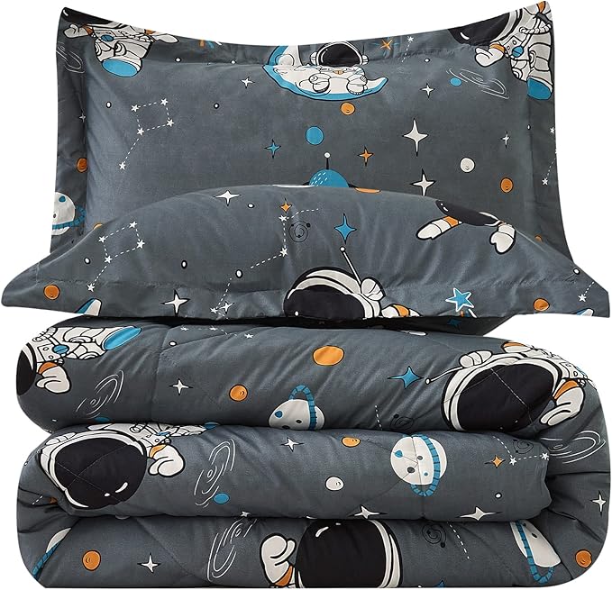 JSD Grey Astronaut Kids Comforter Set for Boys Toddler, 3 Pieces Queen Microfiber Comforter with Pillow Sham, Soft Comfortable Machine Washable - LeafyLoom