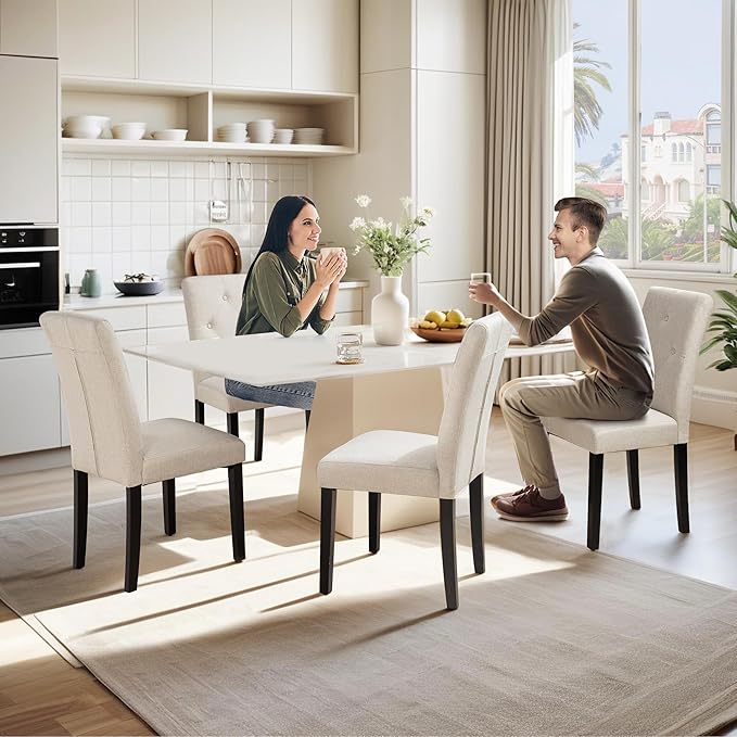VECELO Upholstered Dining Chairs Set of 2 Modern Fabric and Solid Wood Legs & High Back, Parsons for Kitchen/Living Room-Beige - LeafyLoom