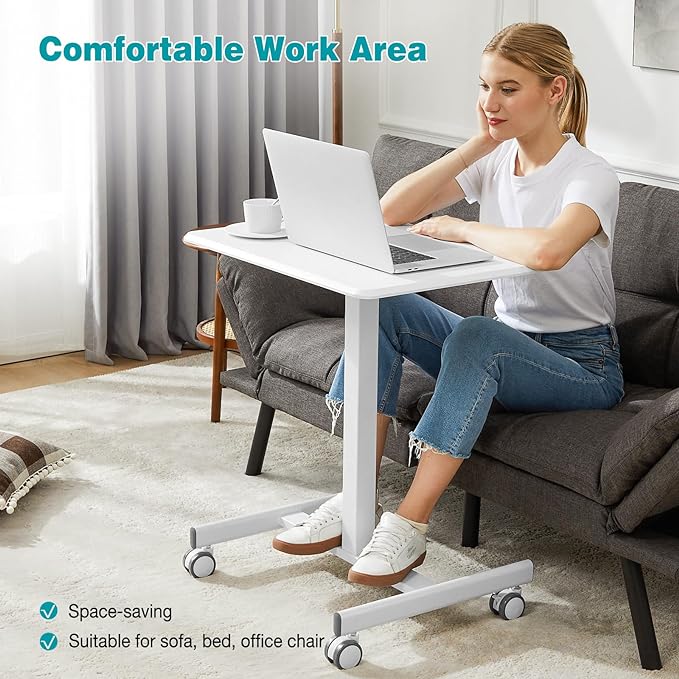 edx Small Mobile Rolling Standing Desk - Overbed Table, Teacher Podium with Wheels, Adjustable Height Table, Rolling Desk Laptop Computer Cart for Home, Office, Classroom, White - LeafyLoom