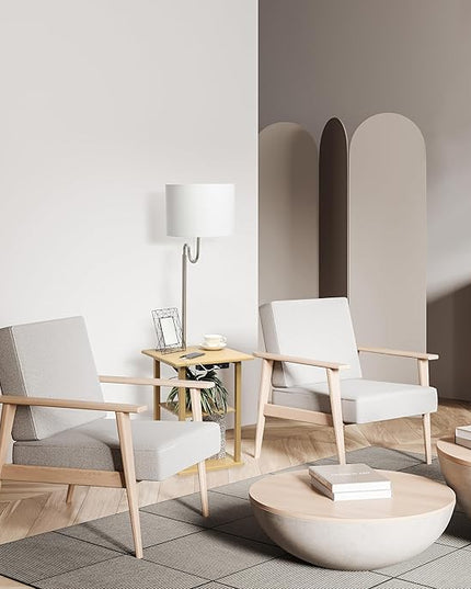 Simple Designs LF2016-TAN 57" Modern 2 Tier End Table Floor Lamp Combination with 2 x USB Charging Ports & Power Outlet with White Drum Fabric Shade for Bedroom, Living Room, Office, Tan - LeafyLoom