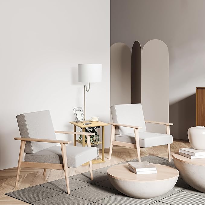Simple Designs LF2016-TAN 57" Modern 2 Tier End Table Floor Lamp Combination with 2 x USB Charging Ports & Power Outlet with White Drum Fabric Shade for Bedroom, Living Room, Office, Tan - LeafyLoom