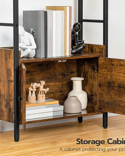 HOOBRO 4-Tier Bookshelf with Doors, Industrial Wooden Bookcase with Storage, Storage Shelf with Protective Rails, for Living Room, Home Office, Rustic Brown and Black BF46SJ01 - LeafyLoom