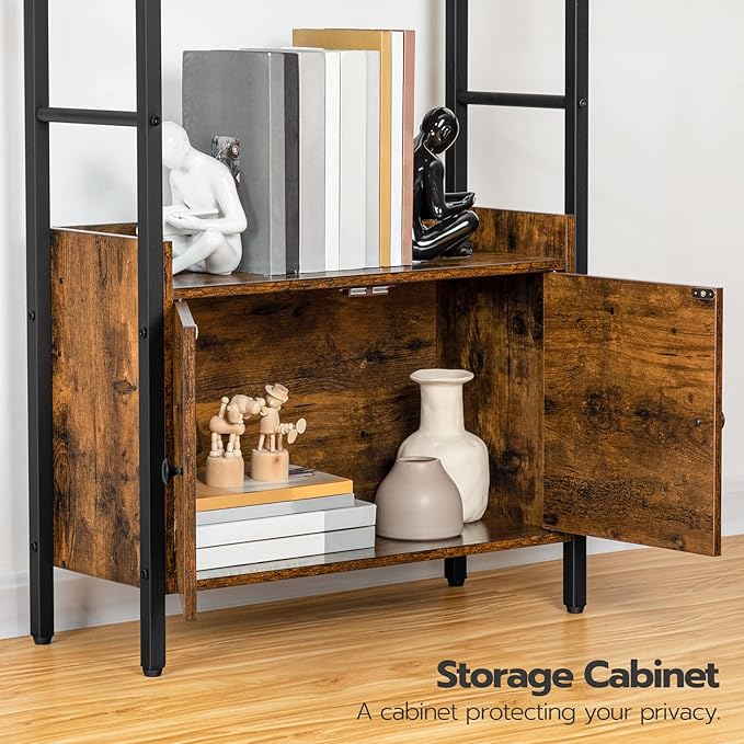 HOOBRO 4-Tier Bookshelf with Doors, Industrial Wooden Bookcase with Storage, Storage Shelf with Protective Rails, for Living Room, Home Office, Rustic Brown and Black BF46SJ01 - LeafyLoom