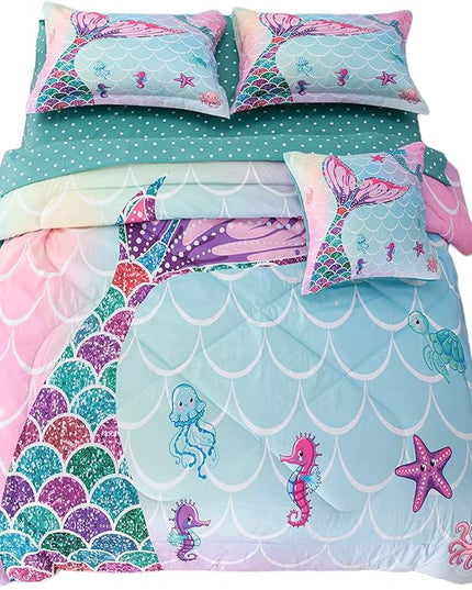 ADASMILE A & S 6 Pieces Mermaid Comforter Twin for Girls Kids Mermaid Bedding Fish Scale with Starfish Turtle Printed Bed in a Bag Comforter and Sheet Set Rainbow Mermaid Scale Bedding Home Decor - LeafyLoom