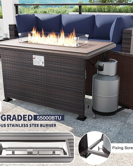 Kullavik 13 Pieces Outdoor Patio Furniture Set with 43" 55000BTU Gas Propane Fire Pit Table PE Wicker Rattan Sectional Sofa Patio Conversation Sets,Navy Blue - LeafyLoom