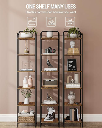 Bookcase Bookshelf, Narrow Book Shelf, Industrial Coner Shelf Storage Organizer, Slim Shelving Unit for Home Office, Living Room, Bedroom, Kitchen, 6-Tier Rustic Brown BC24601B - LeafyLoom