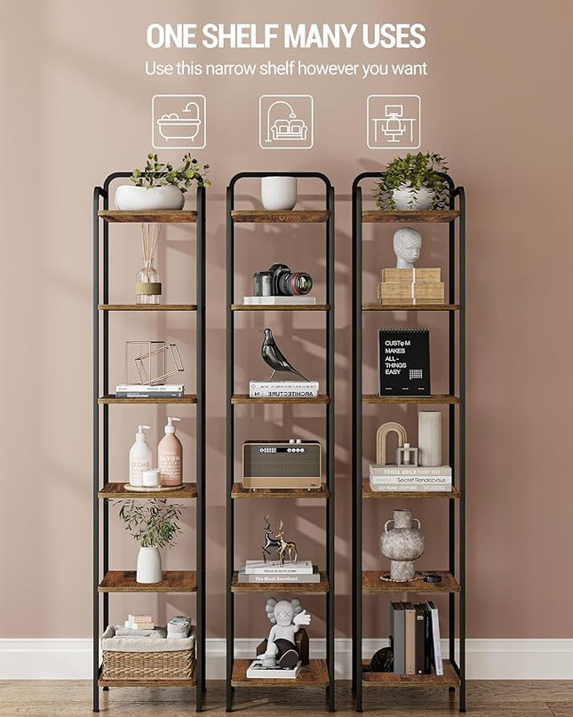 Bookcase Bookshelf, Narrow Book Shelf, Industrial Coner Shelf Storage Organizer, Slim Shelving Unit for Home Office, Living Room, Bedroom, Kitchen, 6-Tier Rustic Brown BC24601B - LeafyLoom