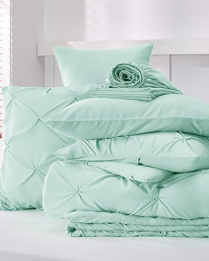 Bedsure Twin XL Comforter Set - Extra Long 5 Pieces Dorm Room Essentials, Pinch Pleat Mint Green Bed in a Bag with Comforter, Sheets, Pillowcase & Sham, Kids Bedding Set - LeafyLoom