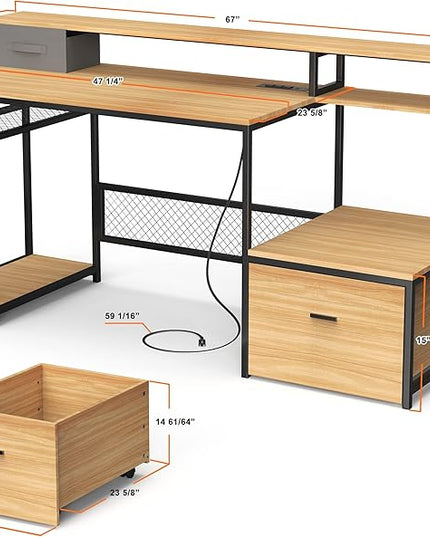 Home Office Desks with Drawers, 66'' Computer Desk with Storage, Office Desk with Monitor Stand, Work Desk with Outlets and USB, Gaming Desk with File Cabinet for Home Office Table, Natural - LeafyLoom