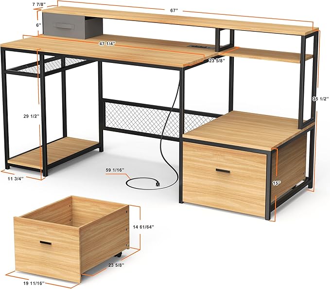 Home Office Desks with Drawers, 66'' Computer Desk with Storage, Office Desk with Monitor Stand, Work Desk with Outlets and USB, Gaming Desk with File Cabinet for Home Office Table, Natural - LeafyLoom