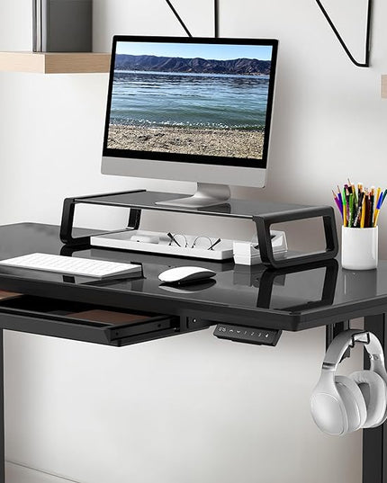 SHW 48-Inch Whole-Piece Glass Electric Height Adjustable Desk with Monitor Riser and Drawer, Black - LeafyLoom