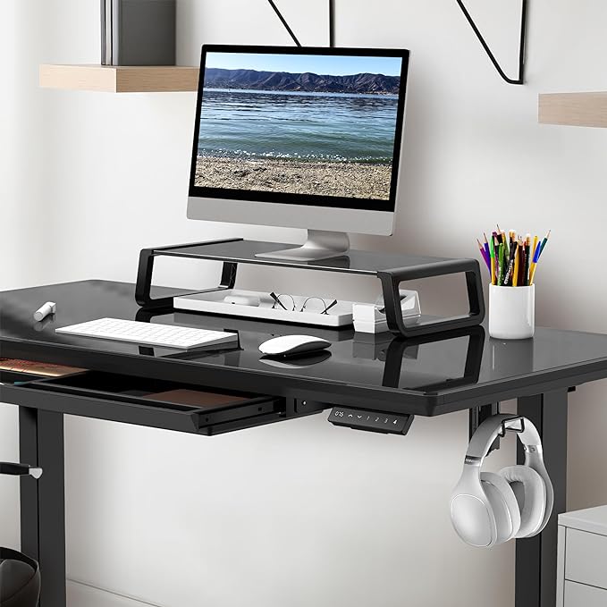 SHW 48-Inch Whole-Piece Glass Electric Height Adjustable Desk with Monitor Riser and Drawer, Black - LeafyLoom