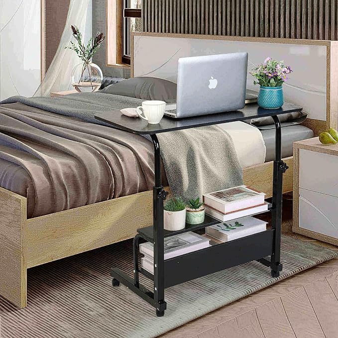 Adjustable Height Mobile Computer Desk for Small Space Rolling Desk with Wheels Desk Home Office Study Desk Portable for Bedrooms Work Desk Size 31.5x15.7 Inch Black with Storage Gaming Table B - LeafyLoom