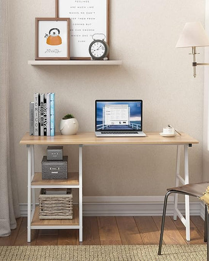 SogesHome Computer Desk 47inches Trestle Desk PC Desk with Shelf Office Desk Workstation for Home Office Use Writing Table, Oak, Tplus-120OK-SH - LeafyLoom