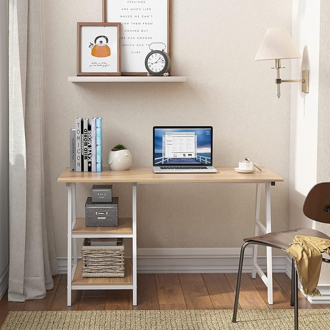 SogesHome Computer Desk 47inches Trestle Desk PC Desk with Shelf Office Desk Workstation for Home Office Use Writing Table, Oak, Tplus-120OK-SH - LeafyLoom