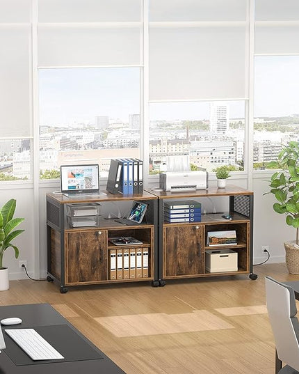 Unikito Lateral File Cabinet, Locking Office Filing Cabinets with Socket and USB Charging Port, Modern Rolling Printer Stand with Storage for A4, Letter Size and File Folders, Rustic Brown - LeafyLoom