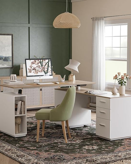 FEZIBO 63" L Shaped Executive Standing Desk with 3-Drawer File Cabinet, Electric Height Adjustable Stand up Desk for Home Office, Computer Desk with Storage Cabinets, White Frame Light Walnut Top - LeafyLoom