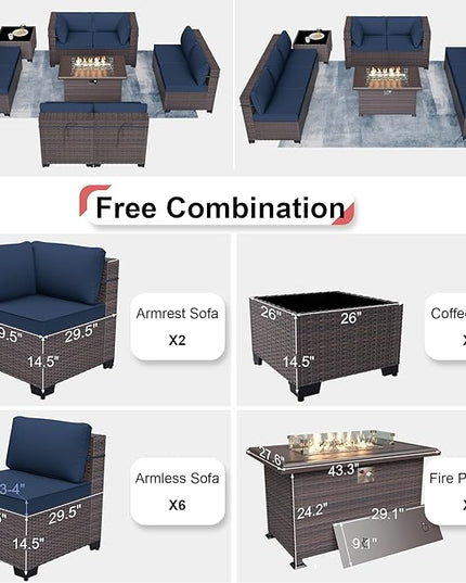 Patio Furniture Sectional Sofa 10PCS PE Rattan Patio Conversation Set w/43in Gas Fire Pit Table, Patio Outdoor Furniture with 55000 BTU Propane Fire Pit, Navy Blue - LeafyLoom