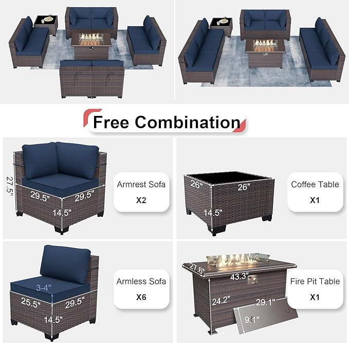 Patio Furniture Sectional Sofa 10PCS PE Rattan Patio Conversation Set w/43in Gas Fire Pit Table, Patio Outdoor Furniture with 55000 BTU Propane Fire Pit, Navy Blue - LeafyLoom