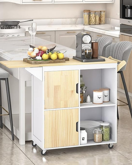 Usinso Rolling Kitchen Island, Kitchen Island Storage Cabinets on Wheels with Drop Leaf Countertop, Handle Racks, Caster Liquor Cart Suitable for Placing (White) - LeafyLoom