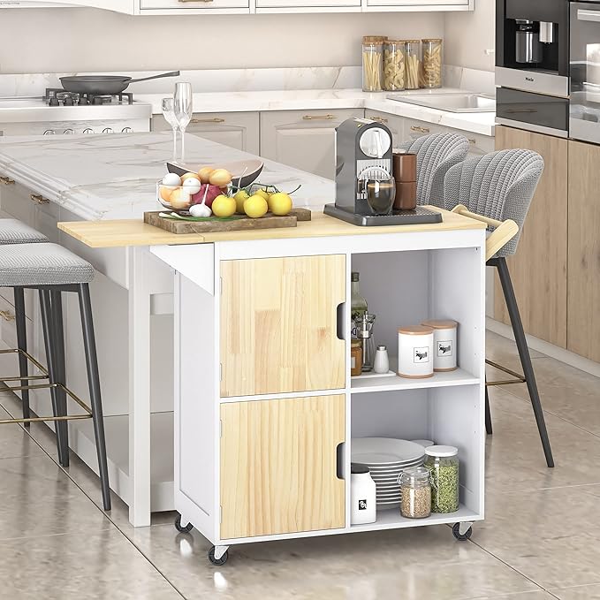 Usinso Rolling Kitchen Island, Kitchen Island Storage Cabinets on Wheels with Drop Leaf Countertop, Handle Racks, Caster Liquor Cart Suitable for Placing (White) - LeafyLoom