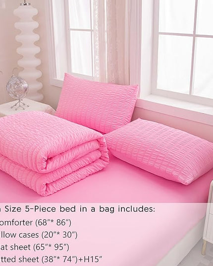 Twin Bed in a Bag Pink Seersucker Comforter Set 5-Pieces Microfiber Lightweight Comforter All Season Bedding Sets with Comforter,Flat Sheet,Fitted Sheet and Pillowcases - LeafyLoom