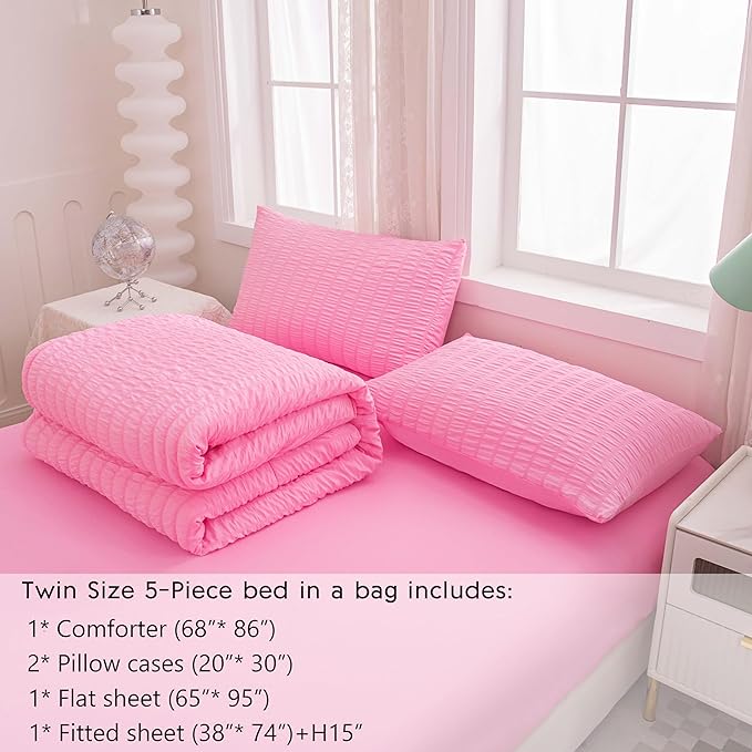 Twin Bed in a Bag Pink Seersucker Comforter Set 5-Pieces Microfiber Lightweight Comforter All Season Bedding Sets with Comforter,Flat Sheet,Fitted Sheet and Pillowcases - LeafyLoom