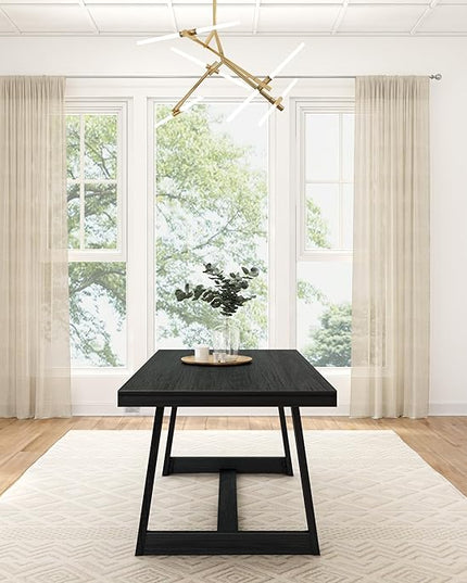 Plank+Beam 72 Inch Farmhouse Dining Table, Solid Wood Rustic Kitchen Table, Large Wooden Rectangular Dinner Table for Dining Room, Home Office, Living Room Furniture, Easy Assembly, Black Wirebrush - LeafyLoom