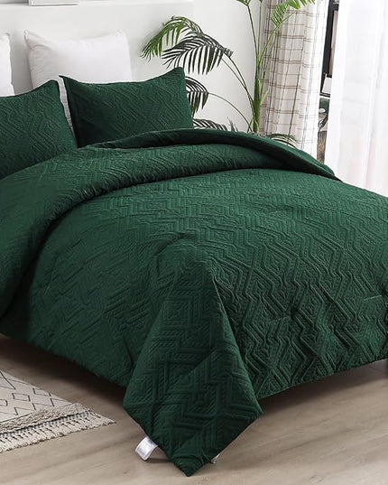 WONGS BEDDING Emerald Green Comforter Set Queen Size(90“×90”), Boho Geometric Textured Bedding Comforter Sets - 3 Pieces Reversible Soft Microfiber Ultrasonic Bedding with 2 Pillowcases - LeafyLoom