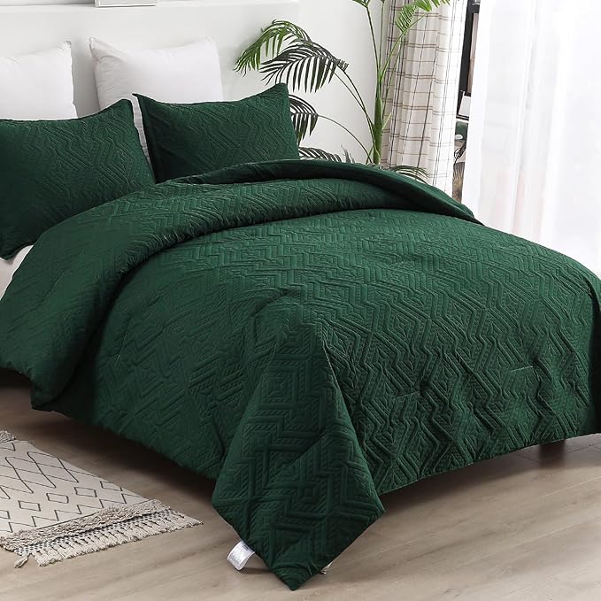 WONGS BEDDING Emerald Green Comforter Set Queen Size(90“×90”), Boho Geometric Textured Bedding Comforter Sets - 3 Pieces Reversible Soft Microfiber Ultrasonic Bedding with 2 Pillowcases - LeafyLoom