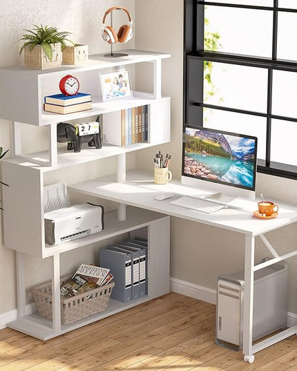 Rotating Computer Desk L-Shaped Office Desk with 5 Shelves Bookcase, Reversible Writing Desk Study Table with Wheels for Home Office, White - LeafyLoom