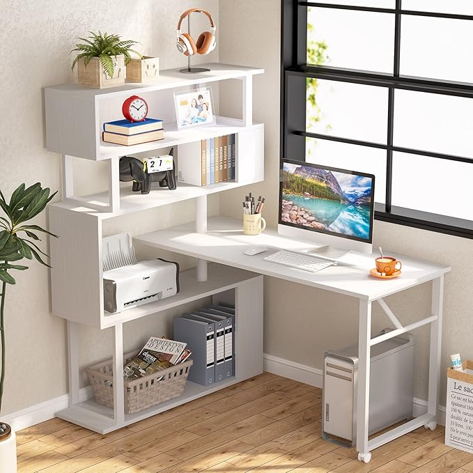 Rotating Computer Desk L-Shaped Office Desk with 5 Shelves Bookcase, Reversible Writing Desk Study Table with Wheels for Home Office, White - LeafyLoom