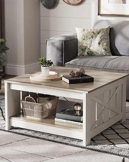 YITAHOME Coffee Table Farmhouse Coffee Table with Storage Rustic Wood Cocktail Table,Square Coffee Table for Living Meeting Room with Half Open Storage Compartment,Grey Wash - LeafyLoom