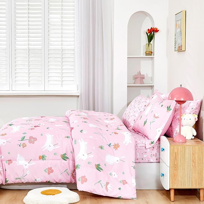 Mooreeke Bed in a Bag for Kids Girls Teens, 5 Pieces Twin Size Comforter Bed Set with Shams, Sheet Set, Rabbit Pink Super Soft Microfiber Kids Comforter Bedding Set - LeafyLoom