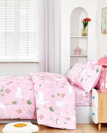 Mooreeke Bed in a Bag for Kids Girls Teens, 7 Pieces Full Size Comforter Bed Set with Shams, Sheet Set, Rabbit Pink Super Soft Microfiber Kids Comforter Bedding Set - LeafyLoom