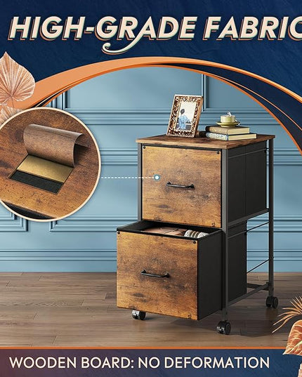 DEVAISE 2 Drawer Mobile File Cabinet, Rolling Printer Stand, Fabric Vertical Filing Cabinet fits A4 or Letter Size for Home Office, Rustic Brown Wood Grain Print - LeafyLoom