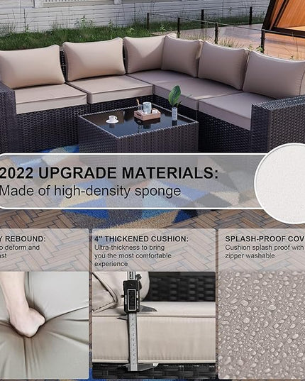 Kullavik 6PCS Outdoor Patio Furniture Set PE Wicker Rattan Sectional Sofa Patio Conversation Sets,Khaki - LeafyLoom