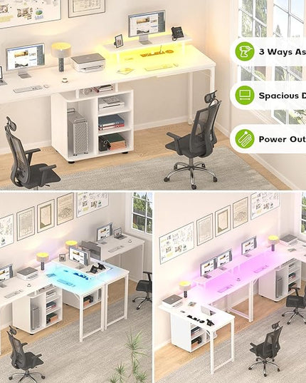 Cyclysio L Shaped Gaming Desk with Wood Cabinet, 58" Large Corner Desk with LED Lights & Power Outlet, Reversible Computer Desk with Monitor Stand, Home Office Desk 2 Person Corner Desk, White - LeafyLoom