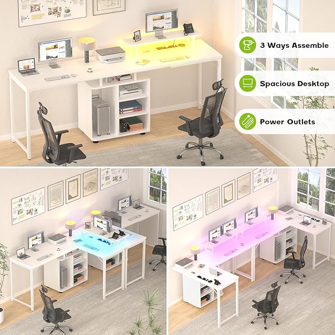 Cyclysio L Shaped Gaming Desk with Wood Cabinet, 58" Large Corner Desk with LED Lights & Power Outlet, Reversible Computer Desk with Monitor Stand, Home Office Desk 2 Person Corner Desk, White - LeafyLoom