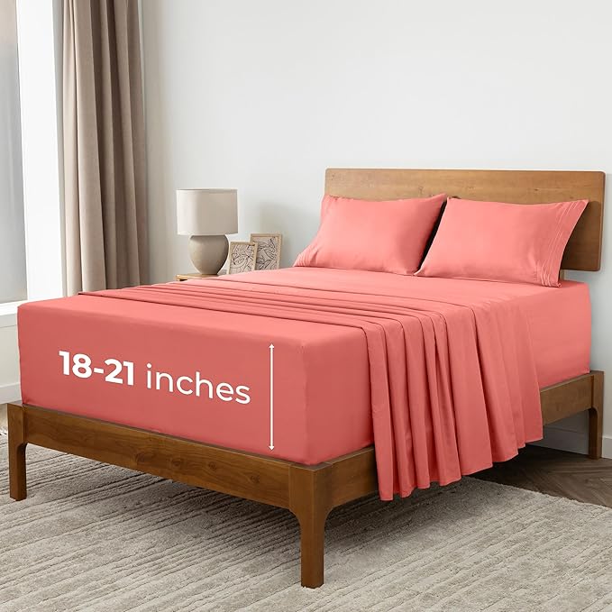 Mellanni Extra Deep Queen Sheets - 4 PC Iconic Collection Bedding Sheets & Pillowcases - Hotel Luxury, Ultra Soft, Cooling Bed Sheets - Extra Deep Pocket up to 21 inch (Queen, Coral) - LeafyLoom