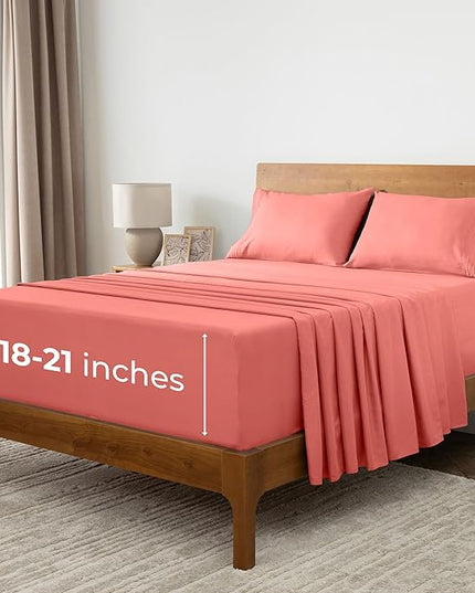 Mellanni Extra Deep King Sheets - 4 PC Iconic Collection Bedding Sheets & Pillowcases - Hotel Luxury, Ultra Soft, Cooling Bed Sheets - Extra Deep Pocket up to 21 inch (King, Coral) - LeafyLoom