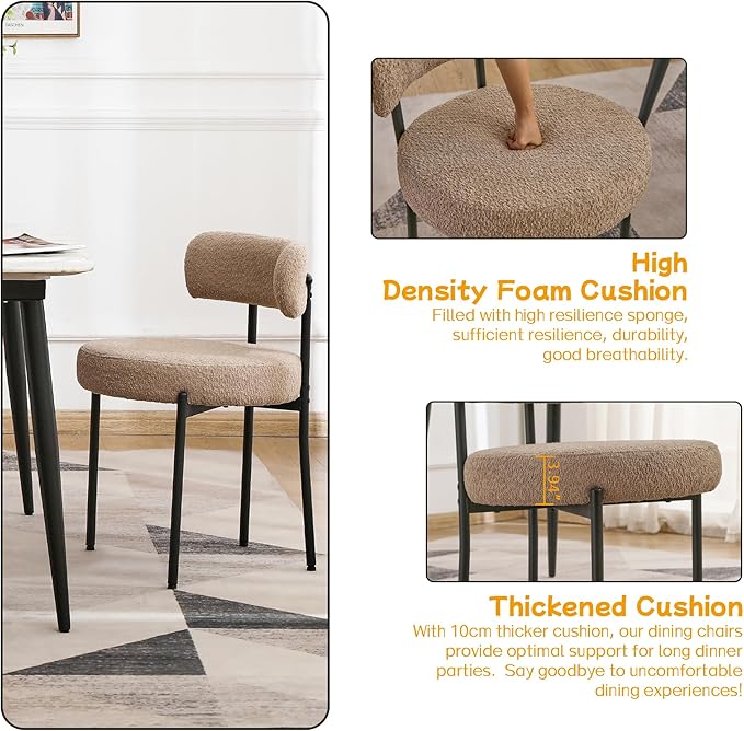 EDWELL Dining Chairs Set of 4, Round Upholstered Dining Room Chairs, Curved Backrest Boucle Dining Chair for Kitchen, Living Room, Mid Century Modern Dining Chairs with Black Metal Legs - LeafyLoom