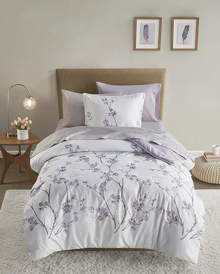 Comfort Spaces Bed in A Bag - Trendy Casual Design Cozy Comforter with Complete Sheet Set with Side Pocket, All Season Cover, Matching Shams Twin(66"x90"), Kate, Grey/Purple 6 Piece - LeafyLoom