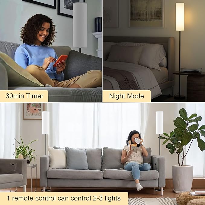 LED Floor Lamp for Living Room Bedroom, Modern Tall Lamp Standing lamp for Reading with Remote Dimming and Color Adjustment, Timing Function 30min, 9W e26 led Bulb Included(White) - LeafyLoom