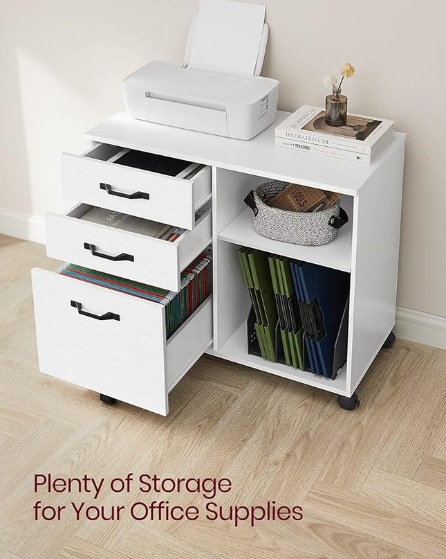 VASAGLE Lateral File Cabinet, Home Office Printer Stand, with 3 Drawers and Open Storage Shelves, for A4, Letter-Size Documents, White, 15.7”D x 31.5”W x 26”H - LeafyLoom