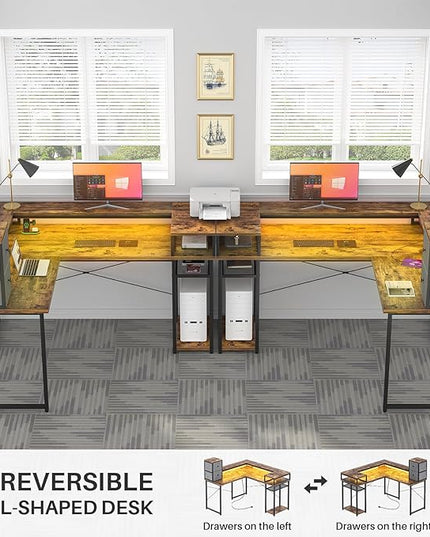 armocity L Shaped Desk with Drawers, Reversible Corner Computer Desk with LED Light & Power Outlet, 55.2'' L-Shaped Gaming Desk with Long Monitor Shelf, Home Office Desk for Small Corner Space, Rustic - LeafyLoom